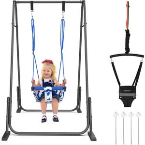 Slevoo 2 in 1 Baby Jumper and Swing, Toddler Swing Set with Foldable Stand, Ages 6 Months to 6 Years, for Indoor and Outdoor Fun, Black