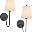 Electro bp; Elegant Single Wall Sconces White Pleated Fabric Lamp Shades with Black Curved Metal Arm Silk Cover Wall Lighting,E12,40W,Hardwired(Set of 2);