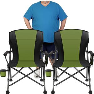 2 Pack Oversized Folding Camping Chair for Adults, Supports 450 LBS Camping Chairs, Heavy Duty Camping Chair with Side Pockets, Foldable Outdoor Chair for Camping, Beach, Fishing, Hiking, Green-Black