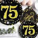 Trgowaul 75th Birthday Party Supplies - Black and Gold Paper Plates, Napkins, Cups, Tablecover Forks, Knives and Spoons for 24 Guests and Party Number Balloon Decorations Banner