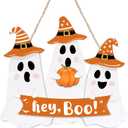 Halloween Decorations Ghost Door Sign, Cute Ghost Hey Boo Hanging Sign Wooden Welcome Wreath Front Door Hanger for Wall Indoor Home Decor, White 