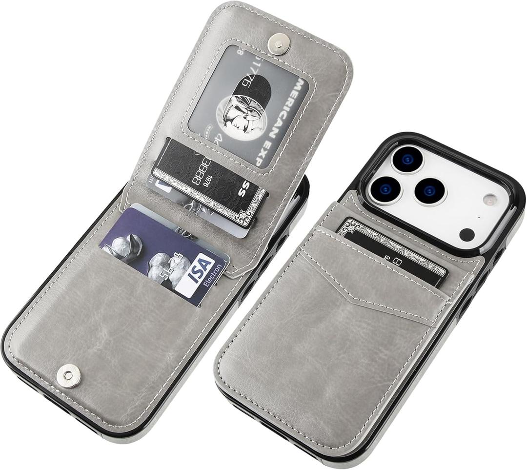 KIHUWEY Compatible with iPhone 17 Pro Case Wallet with Credit Card Holder, Flip Premium Leather Magnetic Clasp Kickstand Heavy Duty Protective Cover for iPhone 17 Pro 6.3 Inch (Gray)