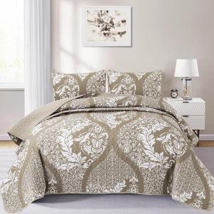 Beige Quilt Set King Size, Boho Damask Tan Bedspread Coverlet Set Soft Lightweight Microfiber Luxury Bedding Set 3 Pieces for All Season (104"x90")