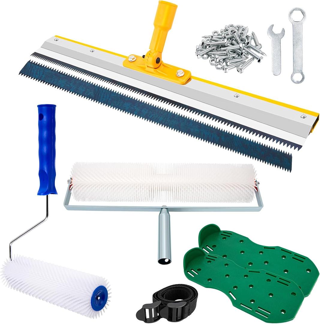 Self Leveling Concrete Tools, Spiked Roller for Self Leveling Epoxy Floor Tool Kit - Cement Leveling Tools with Roller Brush, Spike Shoes, Stainless Steel Scraper Self-Leveling Rake