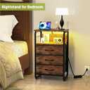 runjuly Night Stand Set 2, Nightstand with LED Lights and Fabric Drawers, Matching End Tables with Charging Station USB C Port, Bedside Tables with Hooks for Bedroom, Rustic Brown