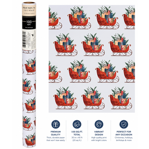 LaRibbons Christmas Wrapping Paper Jumbo Roll with Red Pom Pom, Classic Sled Design Gift Wrap Set for Christmas, Holiday, Party Celebration, 30 Inch X 40 Feet (100 sq. ft.)