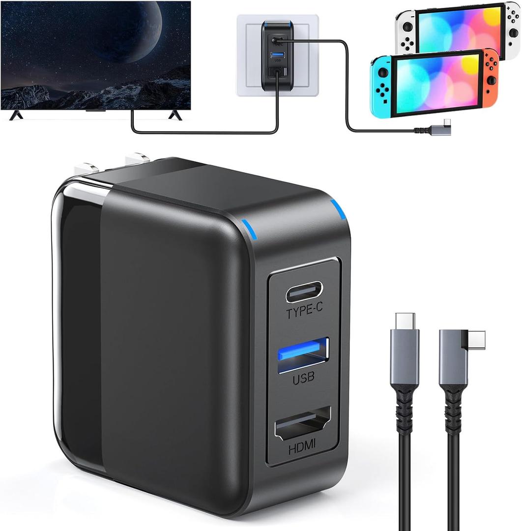 65W Switch Dock Adapter, (3-in-1) PD Charger Port+ 4K HDMI 2.1+UAB A Port, Switch Portable Dock for Nintendo Switch1/OLED/Steam Deck, SwitchCharger with 3FT Charging Cable