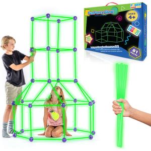Fun Forts Glow Fort Building Kit for Kids - 81 Pack Glow in The Dark STEM Building Toys Indoor Outdoor Play Tent for Kids Construction Toys with 53 Rods and 28 Spheres