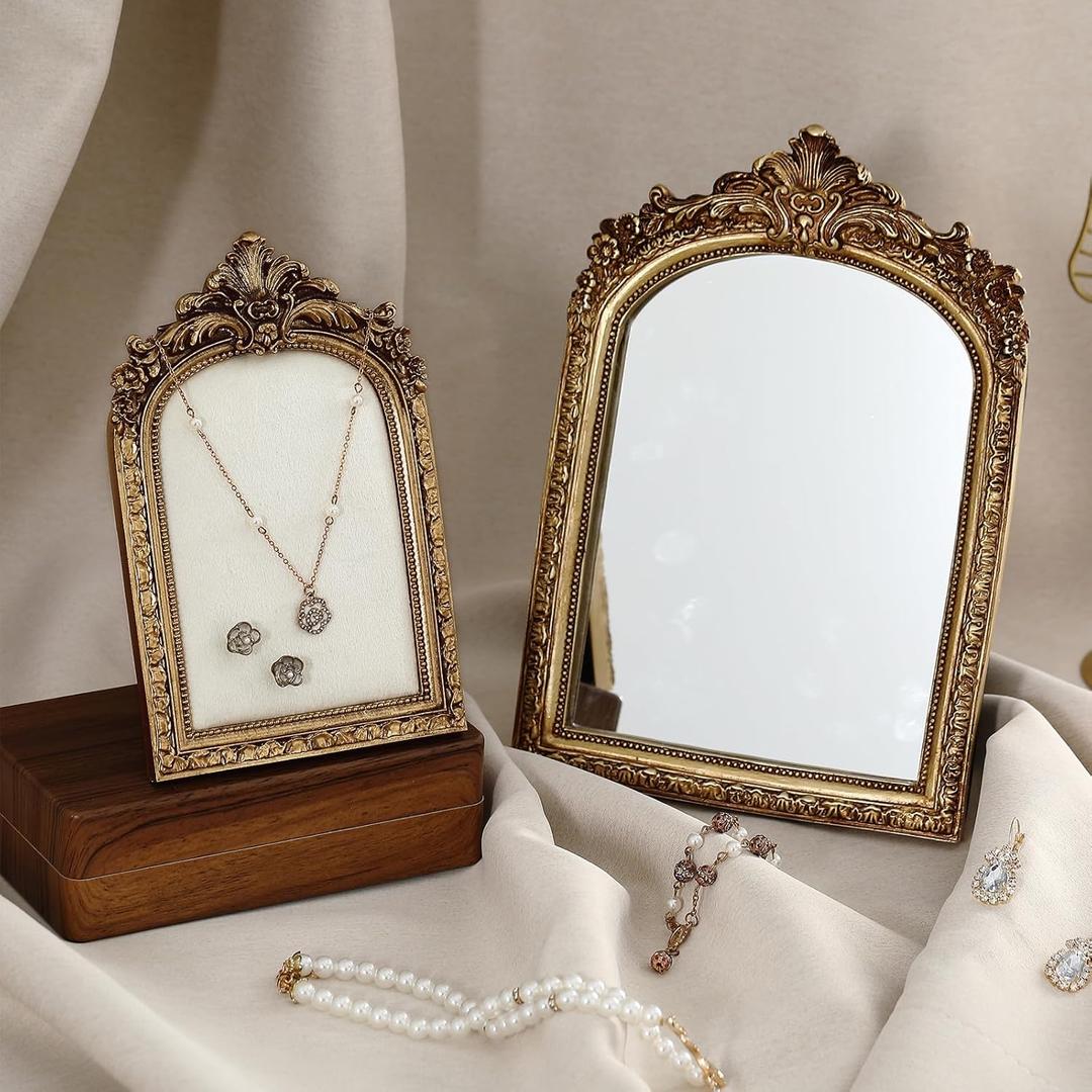 2 Pcs Small Gold Vintage Decor Included 7.5" x 4.5" Gold Vintage Jewelry Display Frame Stand 10" x 7" Antique Resin Vanity Makeup Mirror for Vendors Wedding Dresser Tabletop Wall Decor