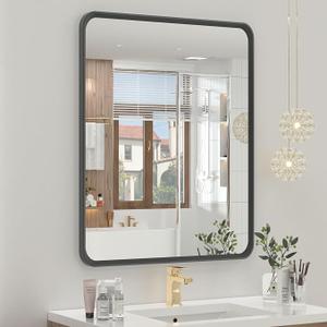 OKPAL 44X36 Inch Black Bathroom Mirror for Wall, Bathroom Vanity Mirror, Matte Black Frame Rectangle Mirror, Round Corner, Rustproof, Tempered Glass (Horizontal/Vertical)