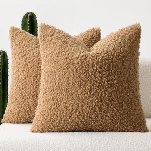 Woaboy Faux Fur Throw Pillow Covers 20x20 Inch Set of 2 Boucle Neutral Decorative Sherpa Fuzzy Accent Soft Sheepskin Fleece Cushions Modern Home Decor for Couch Sofa Bedroom Living Room, Light Brown