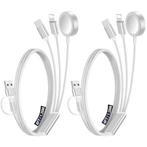2Pack Multi Charging Cable Cord for Travel Essentials,Apple Watch Charger,iPhone Charger,[3-in-2] Type C/Lightning Cable Portable Designed for iWatch,iPhone 17-8,Galaxy S25-21,AirPods,iPad-4FT White