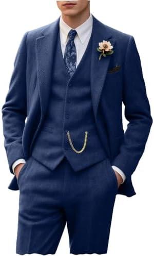 Retro Tweed Men's Suit 3 Piece Slim Fit Herringbone Suits Groom Tuxedos Set Wedding Prom Blazer Jacket Vest Pants for Men XL