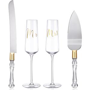 Boao 4 Pieces Wedding Toasting Flutes and Cake Server Set Wedding Reception Supplies Champagne Glasses Cake Knife Pie Server (Gold,Classic)