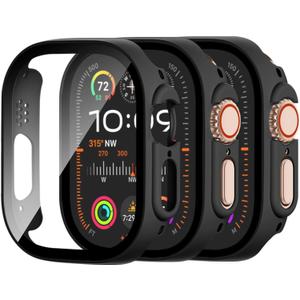 Adorve [3 Pack] Tempered Glass Case for Apple Watch Ultra 3/Ultra 2 /Ultra Screen Protector, Hard PC Face Cover Overall Protection Anti-Scratch Bumper Cases for iWatch 49mm Accessories, All Back 49mm-Ultra 3/Ultra 2/Ultra