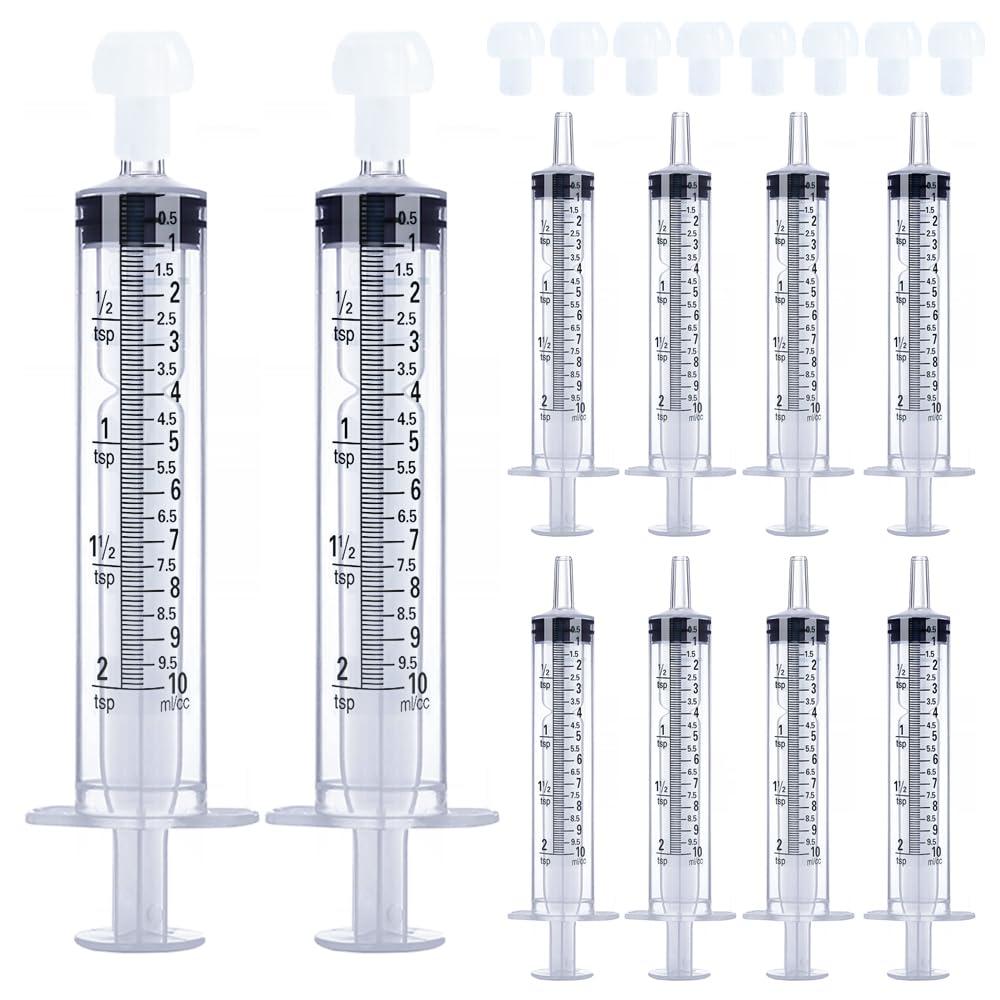 10mL Syringe for Liquid, Food, Oral, Scientific Labs, Measurement, Dispensing, Press-In Adapter, Craft, Big Tip with Cap- 10 Pack 10ml Syringes with tsp & mL Measurement (10ml-TSP, 10)