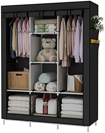 UDEAR Portable Wardrobe Closet Clothes Organizer Non-Woven Fabric Cover with 6 Storage Shelves, 2 Hanging Sections and 4 Side Pockets, Black