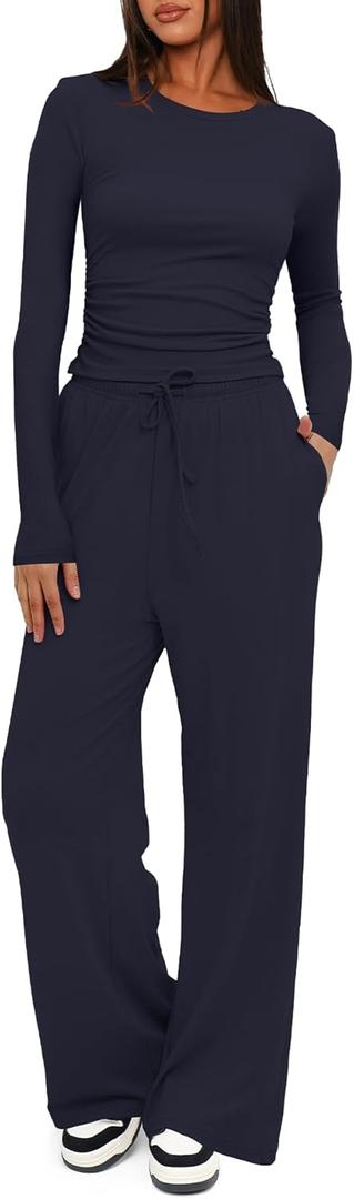 Darong Women's 2 Piece Sets Fall Outfits Long Sleeve Wide Leg Tracksuits Casual Lounge Set Matching Sets (Medium)