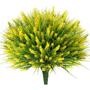 20 Bundles Artificial Plants Outdoor, UV Resistant Fake Flowers Realistic Faux Lavender Shrubs for Porch Garden Window Box Home Decoration (Yellow)