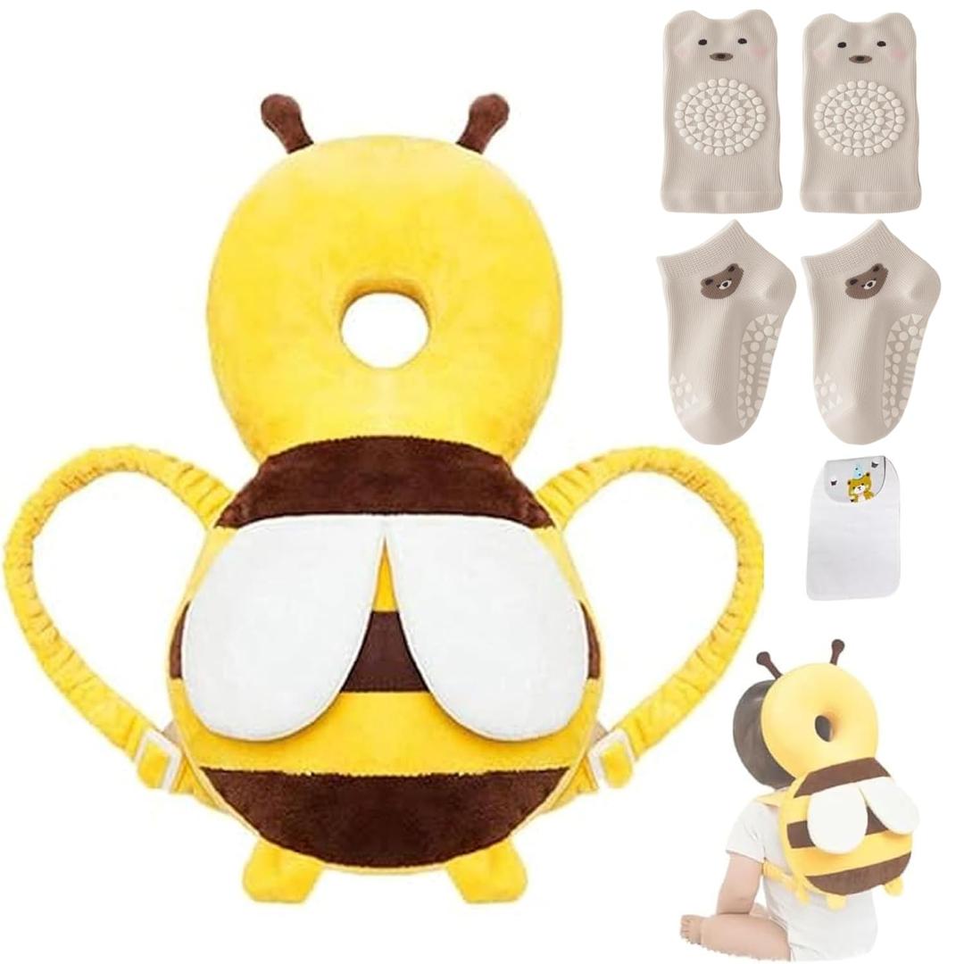 Baby Head Protector Backpack, Toddler Baby Head Protection Backpack with Baby Knee Pads Alarm Function for Walking & Crawling, Soft, Breathable and Wearing Safety Baby Head Protector - Yellow Bee