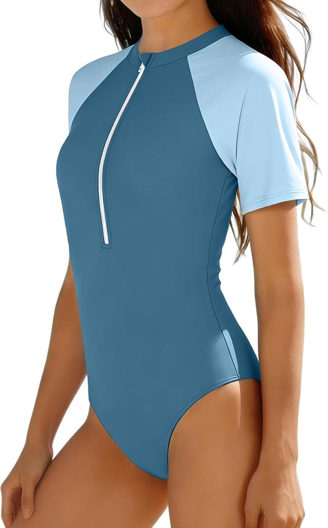 Girls Rash Guard Swimsuit One Piece Color Block Bathing Suit Short Sleeve Half-Zip UPF 50+ Girl's Swimwear (Blue, M)