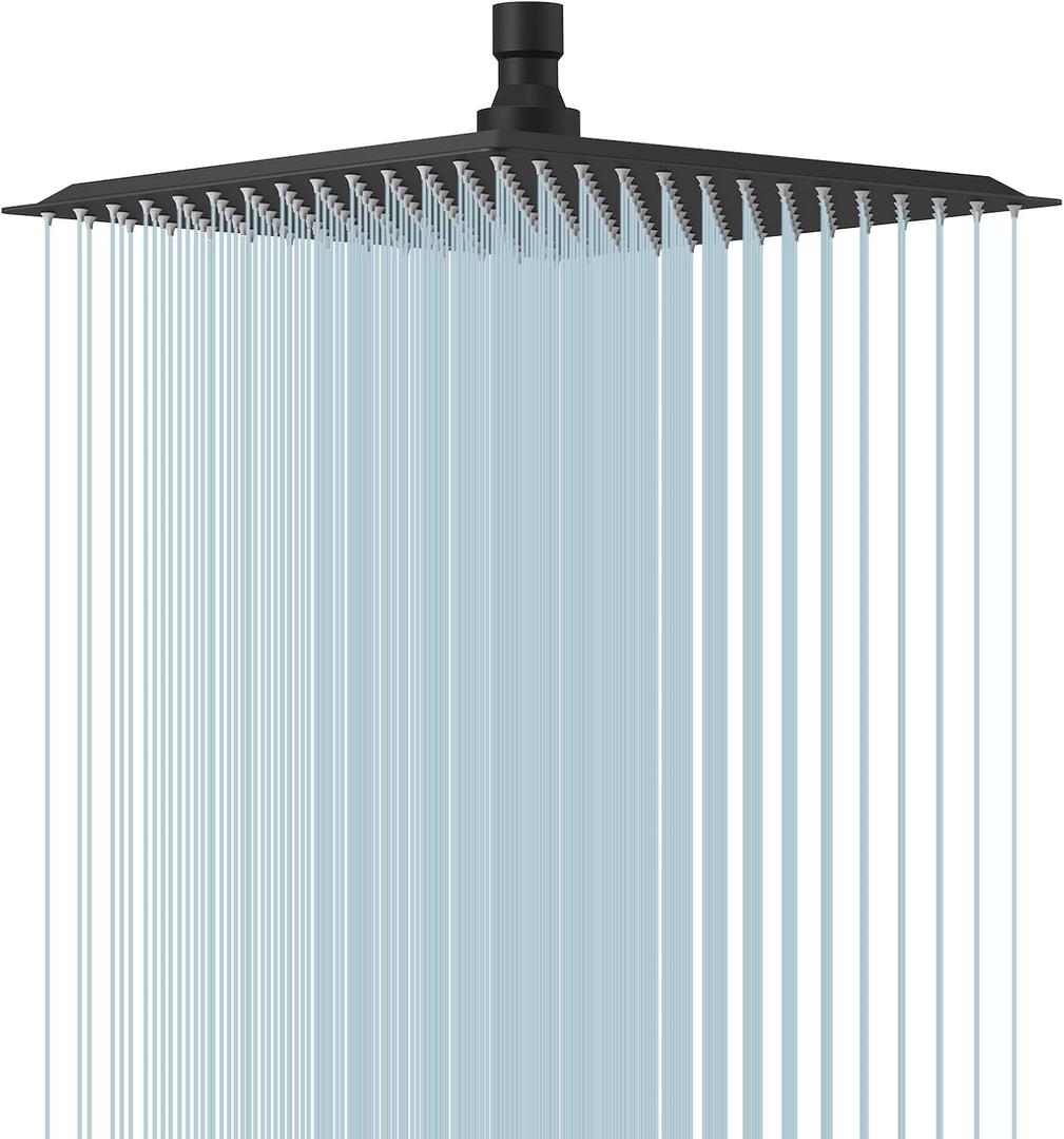 BESy 10 Inch Rain Shower Head, 10" Square Rainfall & High Pressure Stainless Steel Bath Showerhead, 1/16" Ultra Thin, Waterfall Full Body Coverage with Silicone Nozzle, Matte Black Finish