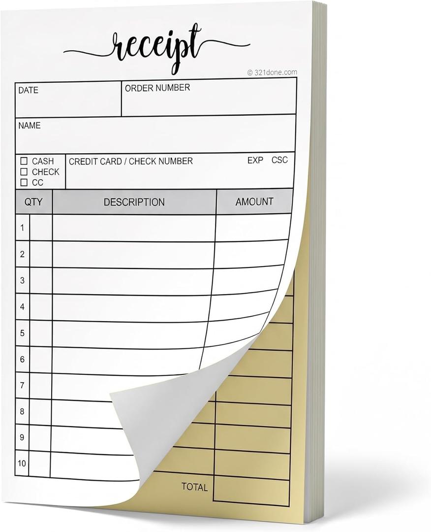 321Done Receipt Book with Carbon Copies for Small Boutique Business, 2-Part Carbonless Carbon Copy Duplicate, Sales Order & Invoice Pad, 3.4x5.5 Handheld, 50 White/Yellow Sets - Made in USA