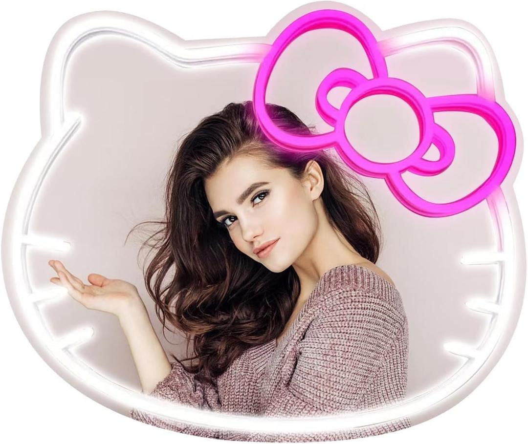 Anime Hello Kit Mirror with Light Neon Signs for Wall Decor, Dimmable for Teen Girl GiftMakeup Mirror neon Sign Room Decor (16.1 * 14 inch)