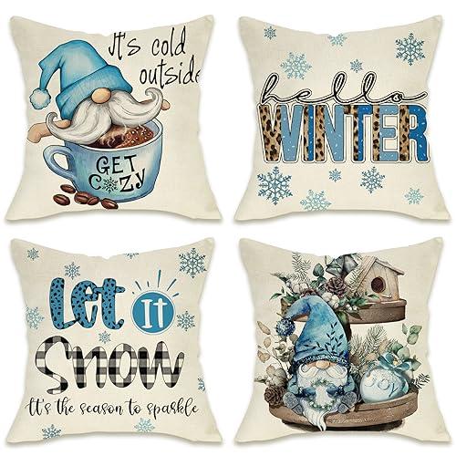 Fahrendom Hello Winter Blue Gnome Decorative Pillow Cover 17 x 17 Set of 4, It's Cold Outside Snowflakes Coffee Let It Snow Farmhouse Pillowcases, Christmas Buffalo Plaid Wooden Tiered Tray Decors
