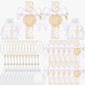 Liliaafar 36 Pcs Baptism Favors Set, 12 Resin Cross Fridge Magnets with Bow Tied Cards, 12 Acrylic Baptism Rosary Beads with Bags for Baby Shower Guests First Communion Gifts Kitchen Decor(Gold)