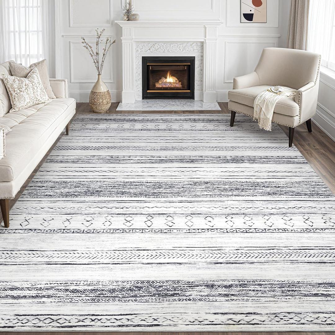 Tortania Area Rug Living Room Rugs - 9x12 Washable Large Soft Neutral Boho Moroccan Bohemian Farmhouse Rug Indoor Floor Carpet for Bedroom Under Dining Table Home Office Decor - Grey (9' x 12')