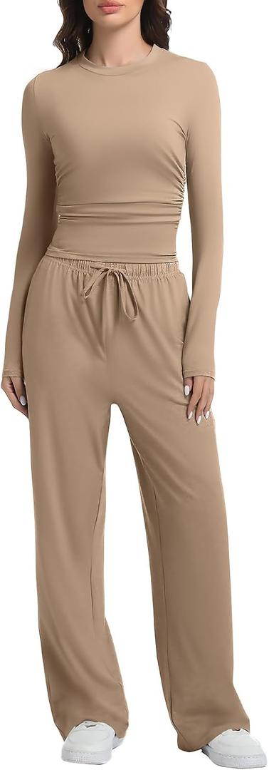 2 Piece Lounge Sets for Women Fall Outfits Long Sleeve Wide Leg Tracksuits Womens Casual Loungewear Two Pcs Matching Set M