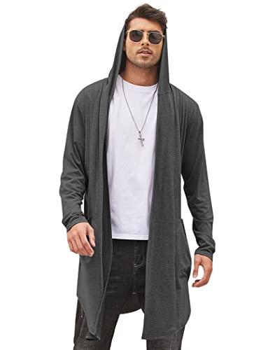 COOFANDY Men Long Cardigan Sweater Hooded Open Front Drape Cape Open Front Dark Gray, Large, Dark Gray