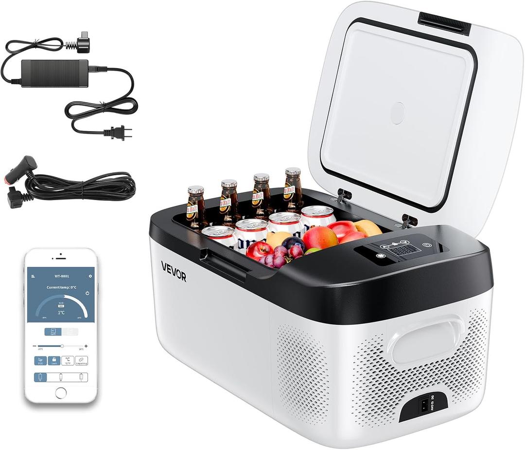VEVOR Car Refrigerator, DC 12/24V AC100-240V Compressor Electric Cooler, -4°F to 68°F Car Fridge with APP Control, 16 QT Cars Freezer for RVs, Campsites, Boats, Camping, Fishing, 60W Portable Freezer, 22.36 x 12.99 x 10.98 inch