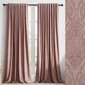 GIGIZAZA Velvet Curtains 120 Inch Long 2 Panels, Blush Pink Vintage Drapes Floral Embossed Blackout Window Curtain for Living Room Back Tab Thermal for Bedroom