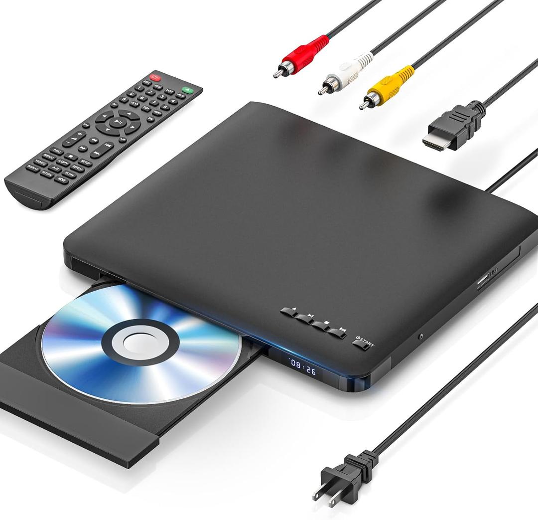 Ultra Slim DVD Player, Thin HDMI AV DVD Players for TV, 0.6 Inch Design with Region Free & Colourful HD Pixels, Supports USB Playback, NTSC/PAL DVD Player with HDMI & RCA Cables, Remote Control.