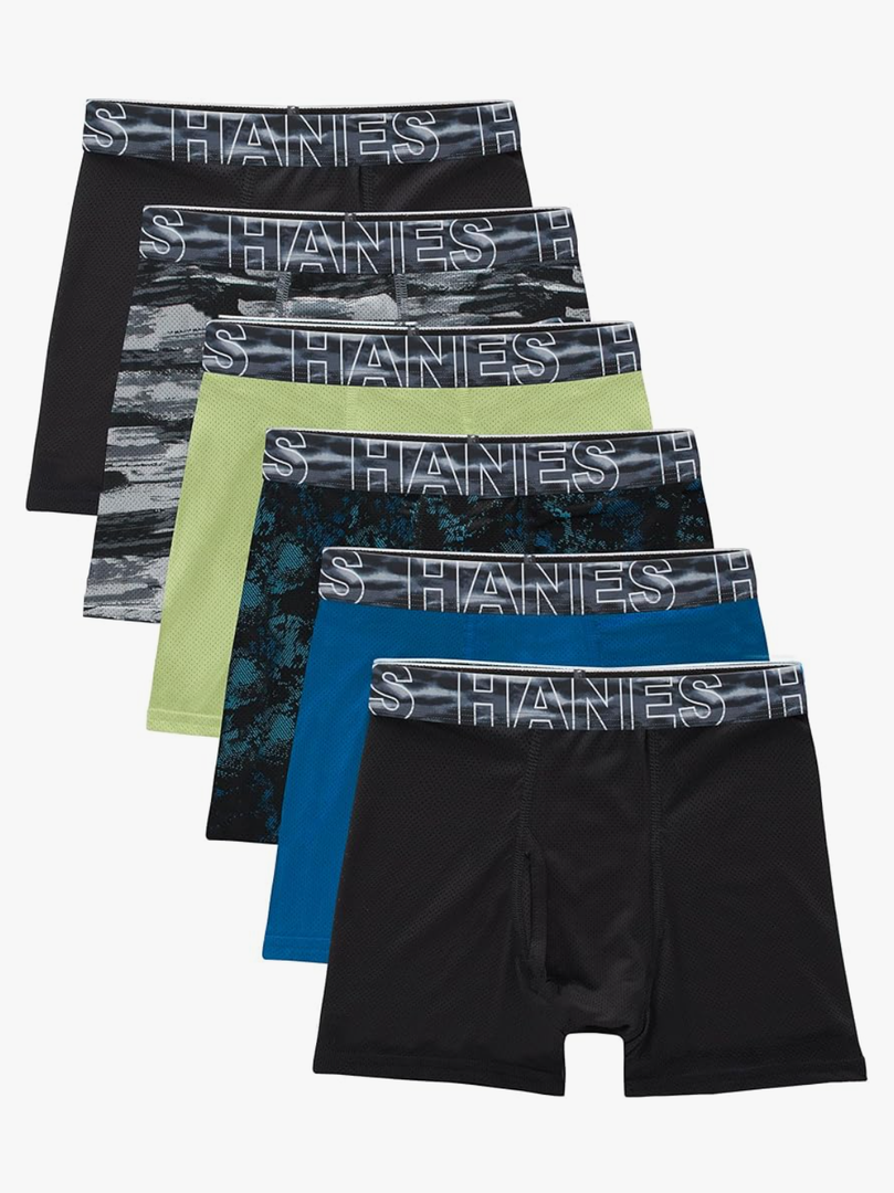Hanes Boys' Big Performance Tween Boxer Brief Pack, X-Temp Mesh Stretch Underwear, Black, 6-Pack XL