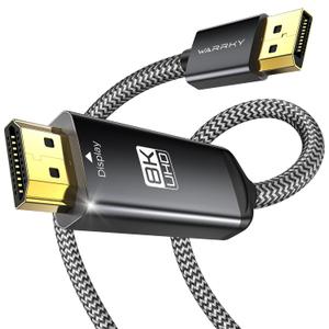 Warrky DisplayPort to HDMI Cable [8K@60Hz, 4K@240Hz, Nylon Braided, Black] 6FT Unidirectional DisplayPort 1.4 Source to HDMI 2.1 Display, DP to HDMI Compatible with PC, Dell, AMD, Lenovo, Monitor, HP