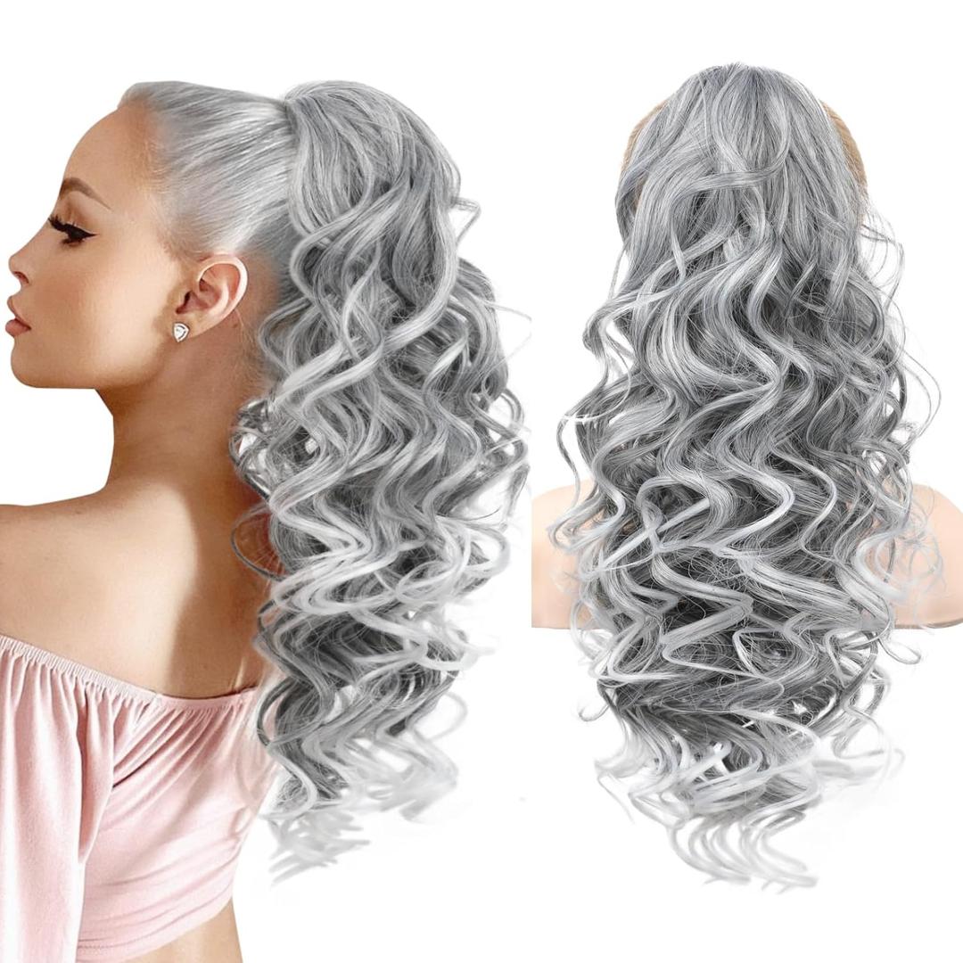 REECHO Ponytail Extension, 24" Claw Clip in Ponytail Extensions Long Curly Wavy Jaw Clip on Pony Tails Hairpiece for Women, Grey with White Ends