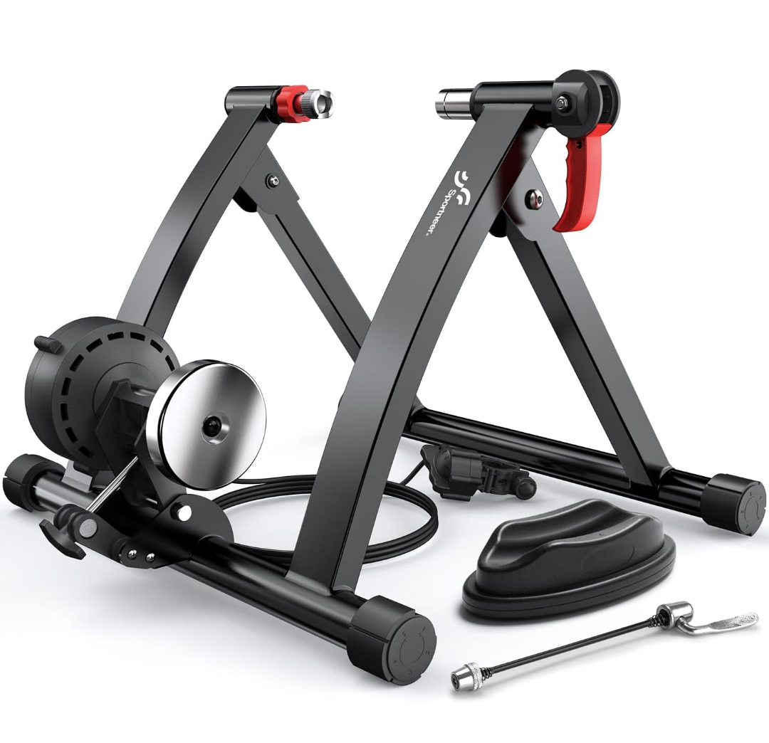 Sportneer Bike Trainer - Magnetic Stationary Bike Stand for 26-28" & 700C Wheels - Adjustable 6 Level Resistance Bike Trainer Stand for Indoor Riding with Quick Release Lever & Front Wheel Riser Block