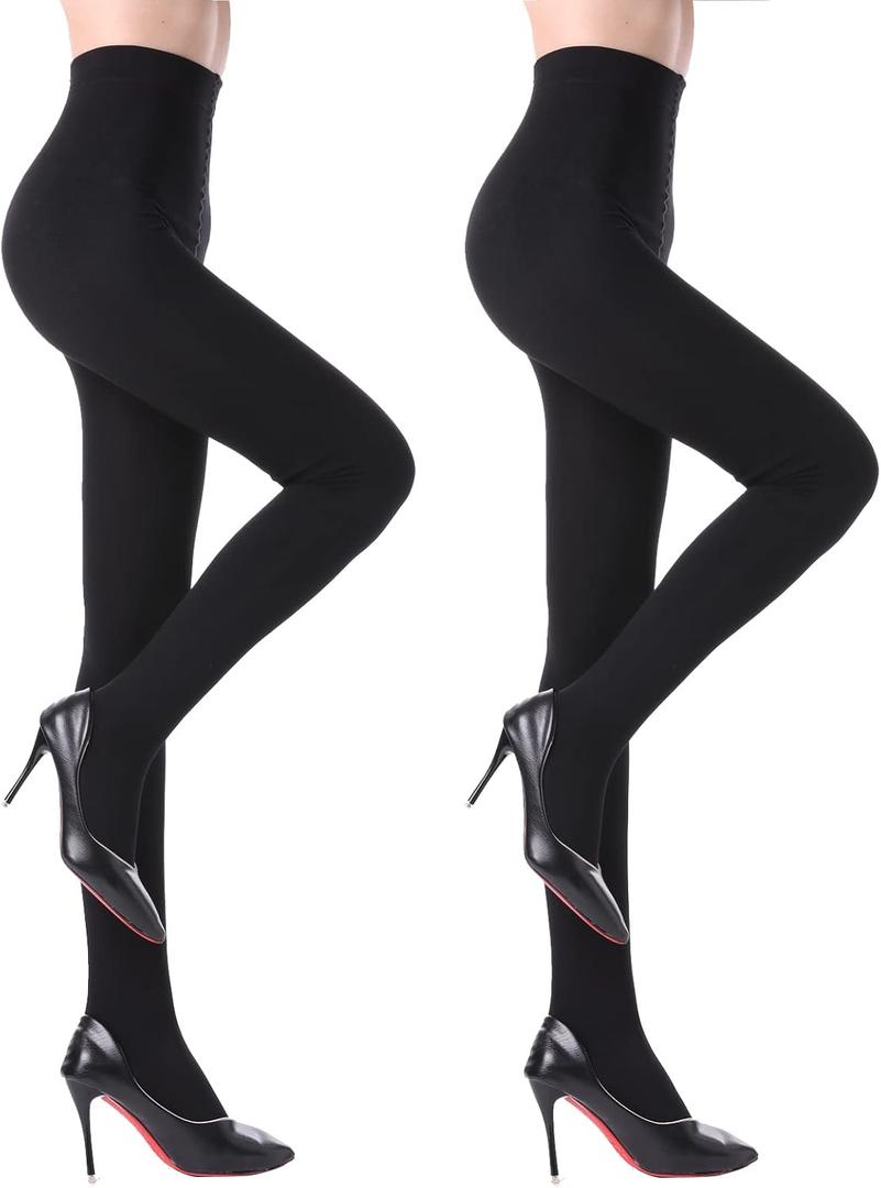 YAGAXI Fleece Lined Opaque Tights for Women - 2 Pairs 100D Warm Winter Pantyhose with Control Top (Black, L)