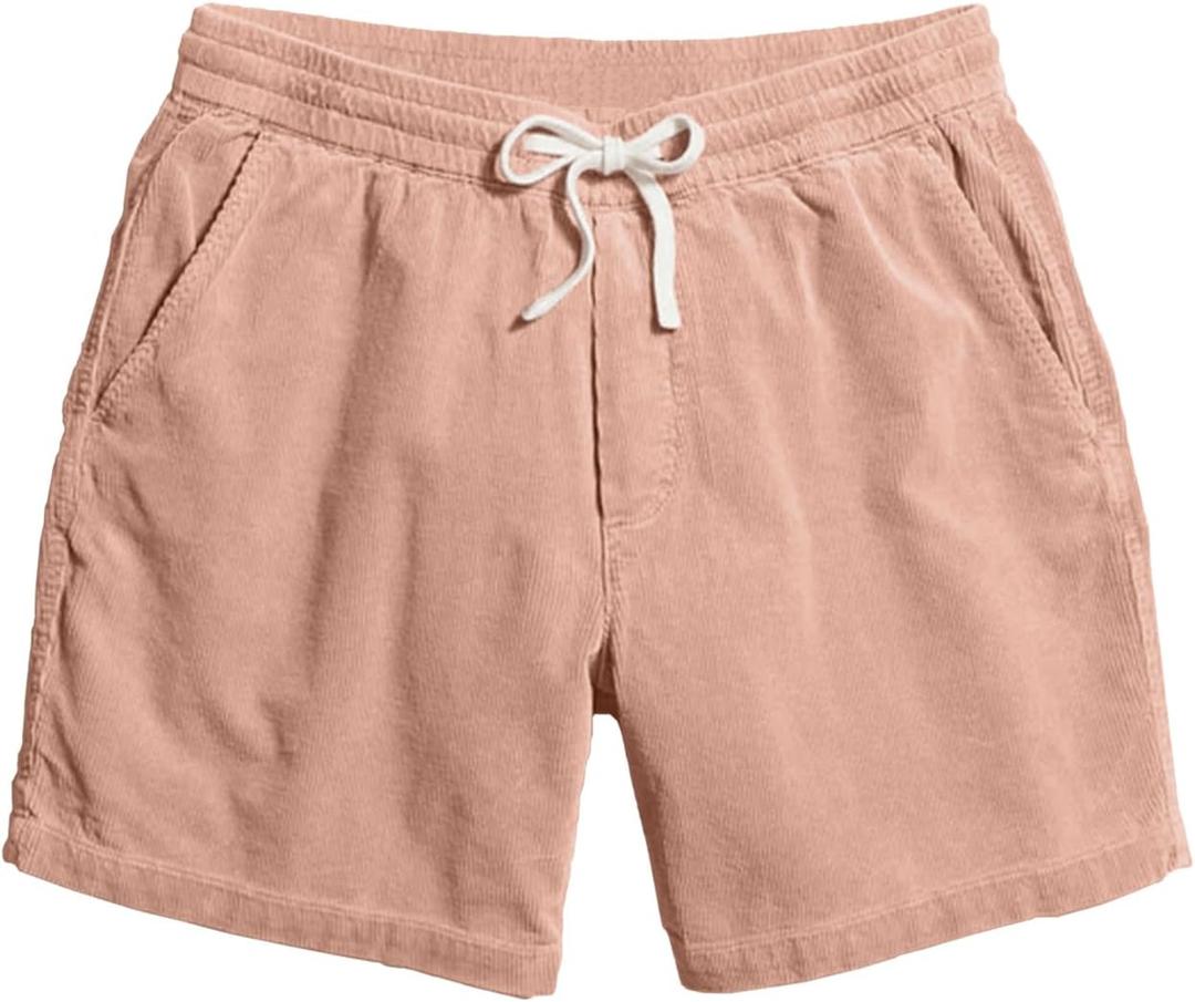 JEMLDL Men's Corduroy Shorts 5 Inch Inseam Drawstring Elastic Waist Lightweight Casual Summer Beach Shorts with Pocket (Pink, XL)