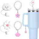 2 x 2Pcs 10mm Straw Covers for Stanley Cup 30&40 Oz, Cloud Flower Silicone Straw Toppers with 2Pcs Personalized Charm Accessories with Chains (2+2)