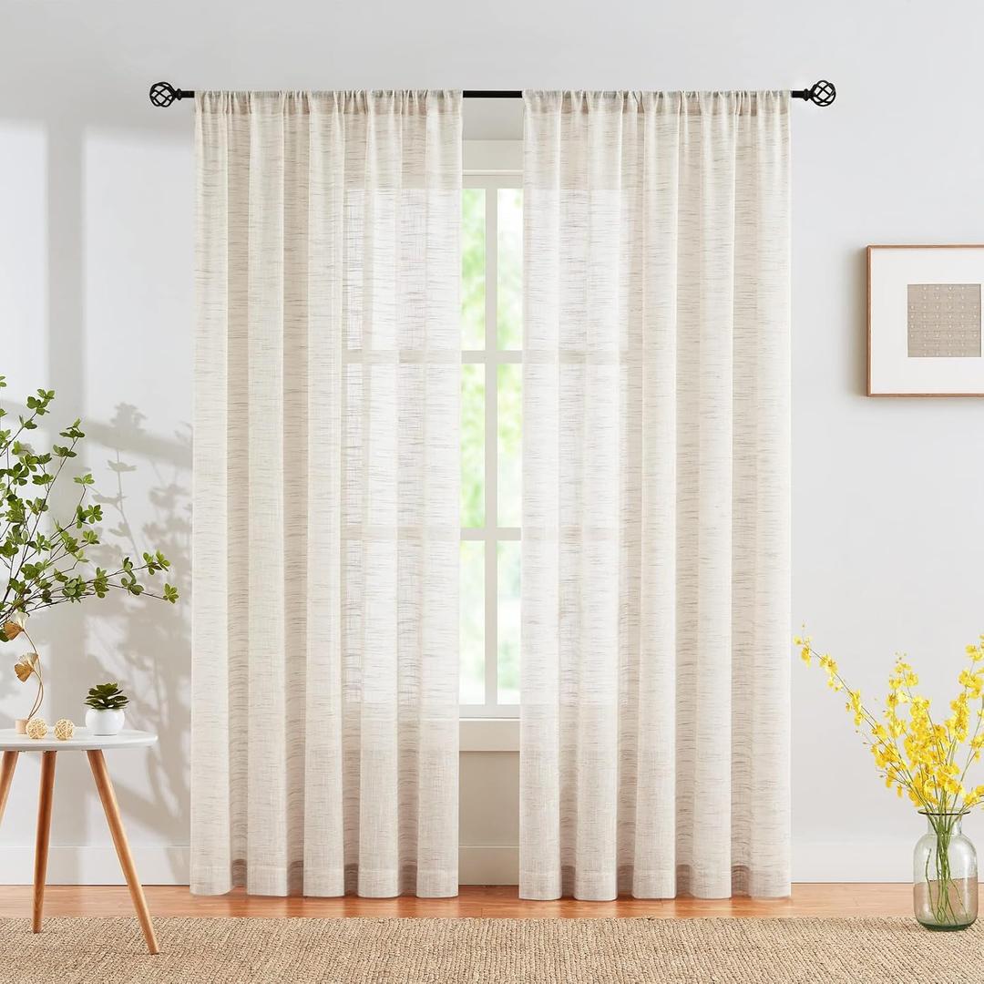 Linen Sheer Curtains for Bedroom 63inch Length Natural Semi Sheer Curtains for Living Room Kitchen Light Filtering Country Rustic Window Curtain Panels for Home Office Rod Pocket 52"W 1 Piar