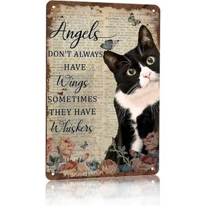 3 x Tuxedo Cat Wall Art - "Angels Don't Always Have Wings" Metal Sign - Ideal Present for Cat Enthusiasts 12 x 8 Inch (3002)