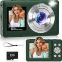 Digital Camera, 56MP Dual Screen Autofocus Vlogging Camera, 16X Zoom Point and Shoot Camera for Photography, Anti-Shake, 32GB Card, Compact Camera for Teens Adults,Green
