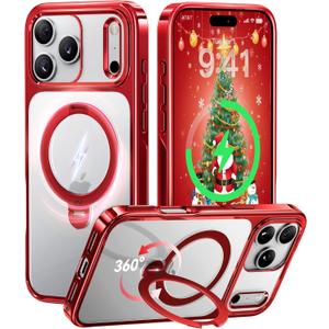 CASEKOO Christmas Merry Stand for iPhone 17 Pro Max Case [360 Spin Magnetic Kickstand][Fit for MagSafe][17FT Military Protection] Slim Polished Frame Titanium Alloy Sturdy Stand 6.9", Red