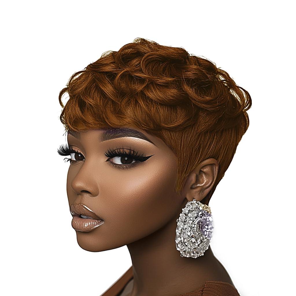 Brown Short Wigs for Black Women Short Pixie cut Wigs for Black Women Pixie Wig with Bangs(Brown)