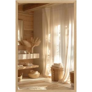 36"x24" Solid Wood Bathroom Mirror, Rustic Wood Frame Wall Mirror for House Decor, Rectangle Farmhouse Bathroom Vanity Mirror Bedroom Living Room Entryway, Explosion-Proof Horizontal/Vertical
