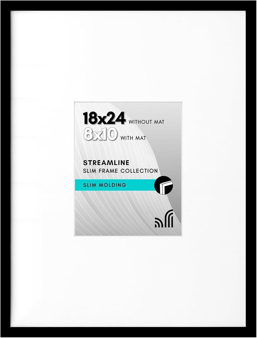 Americanflat 18x24 Poster Frame with Polished Plexiglass - Use as 8x10 Frame with Mat or Display 18x24 Photo Without Mat - Streamline Collection - Thin Border Picture Frames for Wall - Black
